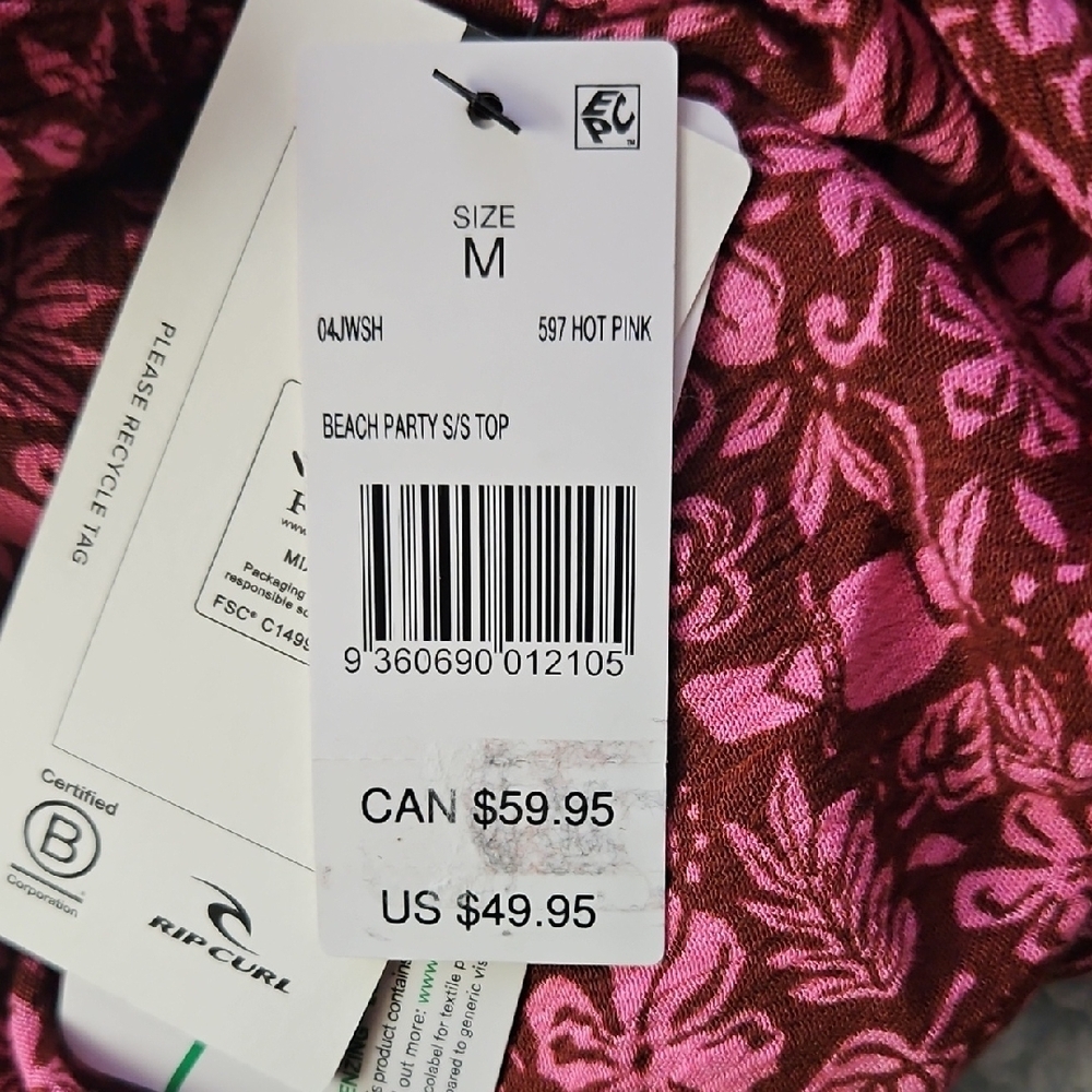 Rip Curl Beach Party Smocked Crop Top Peplum Burgundy Pink Floral NWT Size M - Picture 8 of 9
